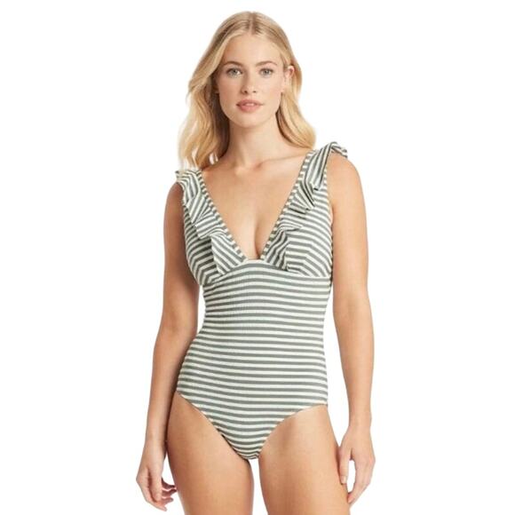 SEA LEVEL CAPRI FRILL ONE PIECE IN KHAKI Striped Swimsuit Women’s Size 10 - Picture 8 of 8